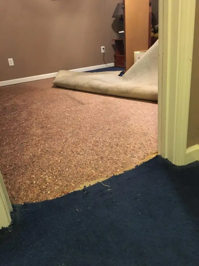 Carpet pad removal revealing water damage during Drying & Dehumidification in Carroll